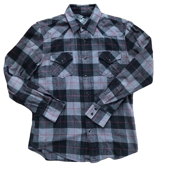 Guess Brushed Cotton Western Pearl Snap Flannel Shirt Sz. S Black Gray - Picture 1 of 6